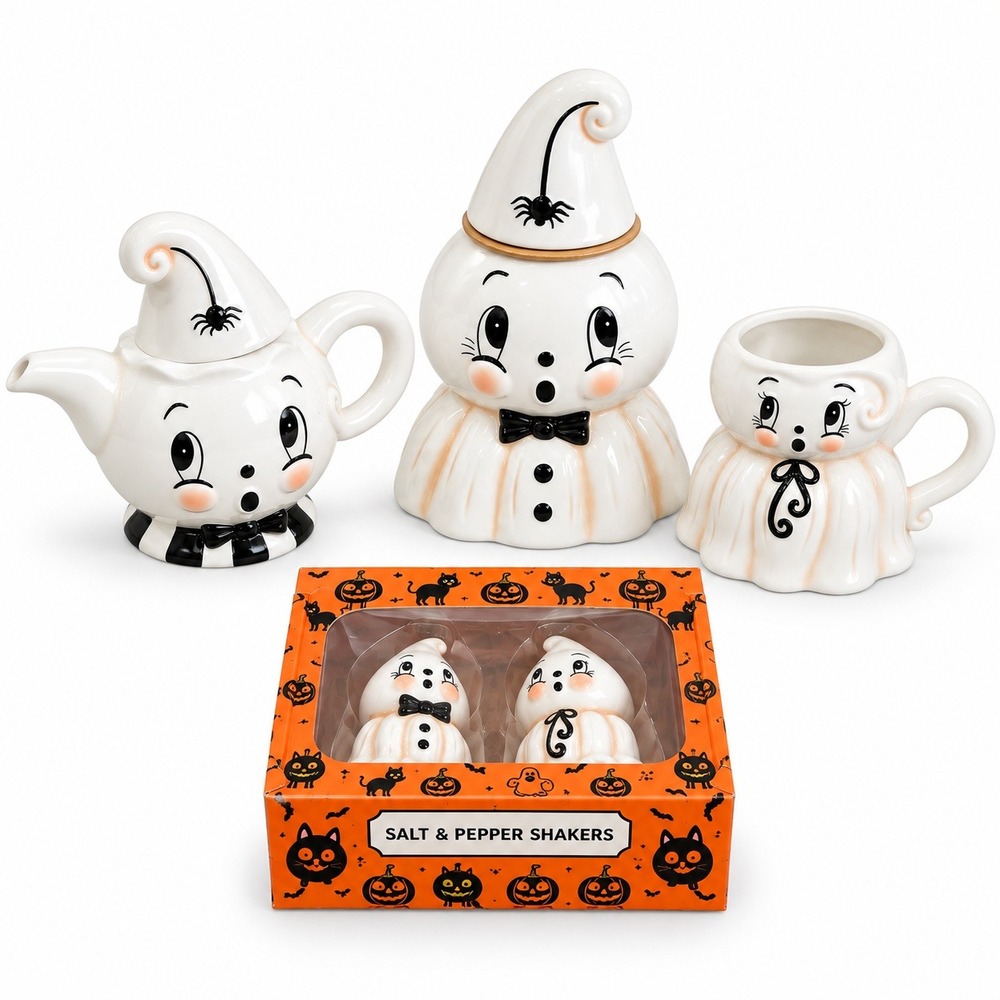 Johanna Parker Ghost Kitchenware 4 Pc. Set Halloween Ceramic White Kitsch Retro